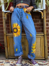 Load image into Gallery viewer, Women's straight leg jeans with sunflower print
