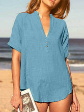 Load image into Gallery viewer, Women's loose-fit cotton and linen V-neck shirt
