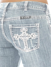 Load image into Gallery viewer, Calça jeans com bootcut prata com lavagem cruzada
