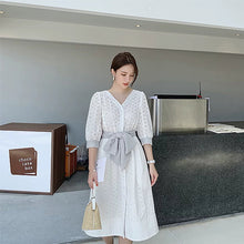 Load image into Gallery viewer, Lace trimmed bow dress
