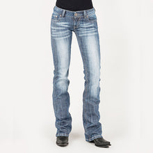 Load image into Gallery viewer, Calça jeans de montaria feminina com corte flecha azul
