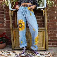 Load image into Gallery viewer, Women's straight leg jeans with sunflower print
