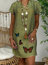 Load image into Gallery viewer, Vestido feminino com estampa de borboleta com decote em V solto de algodão e linho
