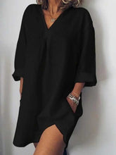 Load image into Gallery viewer, Camisa longa de linho, bolso com decote em V, manga 3/4, top
