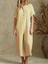 Load image into Gallery viewer, Macacão feminino com botão de algodão e linho
