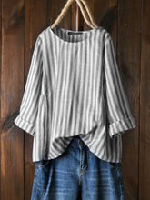 Load image into Gallery viewer, Long Sleeve Round Neck Striped Linen Shirt
