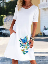 Load image into Gallery viewer, Solid Color Round Neck Butterfly Print Four Color Dress
