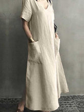 Load image into Gallery viewer, Plain cotton and linen dress with V-neck
