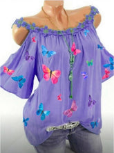Load image into Gallery viewer, Camiseta de mujer con estampado de mariposas y hombros descubiertos
