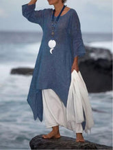Load image into Gallery viewer, Asymmetric vintage linen dress with 3/4 sleeves and round neck
