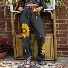 Load image into Gallery viewer, Women's straight leg jeans with sunflower print
