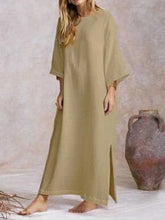 Load image into Gallery viewer, Long sleeve cotton and linen flared dress with round neck
