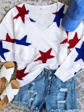 Load image into Gallery viewer, Knitted top with blue and red 4th of July stars
