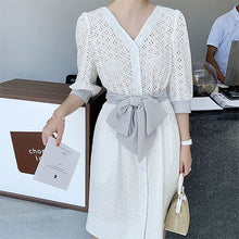 Load image into Gallery viewer, Lace trimmed bow dress
