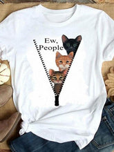 Load image into Gallery viewer, Camiseta feminina de manga curta estampada com decote em O e W PEOPLE para gatos bonitos
