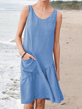 Load image into Gallery viewer, Vestido liso sem mangas com bolso em algodão e linho para senhora
