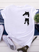 Load image into Gallery viewer, Pocket Cat Print Round Neck Short Sleeve T-Shirt
