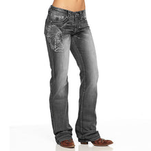 Load image into Gallery viewer, Embroidered and distressed bootcut jeans with beading
