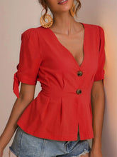 Load image into Gallery viewer, Short-sleeved button-down cotton and cotton T-shirt for women
