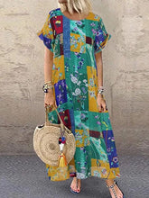 Load image into Gallery viewer, Vestido de linho de algodão de manga curta estampado patchwork
