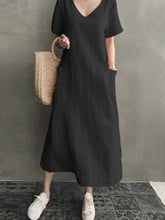Load image into Gallery viewer, Plain cotton and linen dress with V-neck
