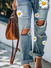 Load image into Gallery viewer, Jeans casuais com orifício de cordão com estampa margarida para mulheres
