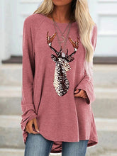 Load image into Gallery viewer, Camiseta folgada com apliques de animais de veado e gola redonda com brilhantes e mangas compridas na metade do comprimento
