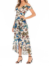 Load image into Gallery viewer, Falda retro con estampado de mariposas falda larga de gasa con escote en V profundo y eslinga irregular
