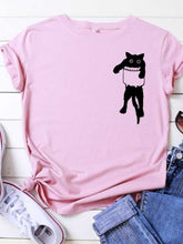 Load image into Gallery viewer, Pocket Cat Print Round Neck Short Sleeve T-Shirt
