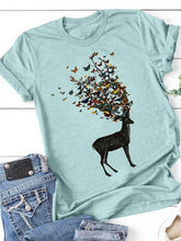 Load image into Gallery viewer, T-shirt feminina de manga curta com estampa de cervo borboleta redondo feminino
