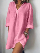 Load image into Gallery viewer, Camisa longa de linho, bolso com decote em V, manga 3/4, top
