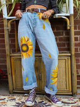 Load image into Gallery viewer, Women's straight leg jeans with sunflower print
