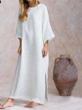 Load image into Gallery viewer, Long sleeve cotton and linen flared dress with round neck
