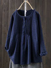 Load image into Gallery viewer, Camisa plisada de mujer de algodón y lino con cuello redondo
