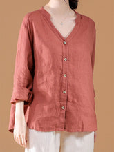 Load image into Gallery viewer, Camisa casual feminina de algodão e linho com decote em V
