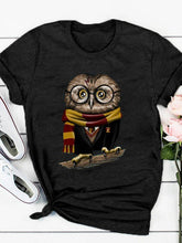 Load image into Gallery viewer, Camiseta feminina de manga curta estampada coruja com gola redonda

