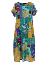 Load image into Gallery viewer, Vestido de linho de algodão de manga curta estampado patchwork
