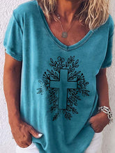 Load image into Gallery viewer, Camiseta feminina de manga curta estampada com decote em V
