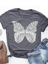 Load image into Gallery viewer, Camiseta feminina de manga curta em volta do pescoço com estampa borboleta
