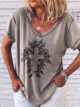 Load image into Gallery viewer, Camiseta feminina de manga curta estampada com decote em V
