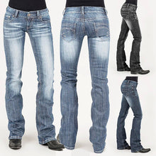Load image into Gallery viewer, Calça jeans de montaria feminina com corte flecha azul
