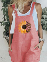 Load image into Gallery viewer, Short cotton and linen jumpsuits with sunflower butterfly print
