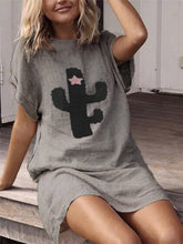 Load image into Gallery viewer, Tela suelta de lino con cuello redondo y estampado de cactus para mujer
