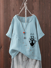 Load image into Gallery viewer, Short-sleeved casual cotton linen t-shirt with kitten print
