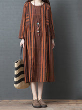 Load image into Gallery viewer, Women Long Sleeve Striped Cotton Linen Dress
