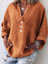 Load image into Gallery viewer, Camiseta feminina larga e confortável de algodão e linho com decote em V

