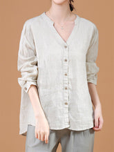 Load image into Gallery viewer, Camisa casual feminina de algodão e linho com decote em V
