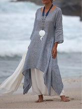 Load image into Gallery viewer, Asymmetric vintage linen dress with 3/4 sleeves and round neck
