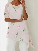 Load image into Gallery viewer, Camiseta de mujer de algodón y lino con cuello redondo y estampado floral retro
