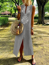 Load image into Gallery viewer, Vestido feminino de algodão e linho sem mangas com divisão frontal

